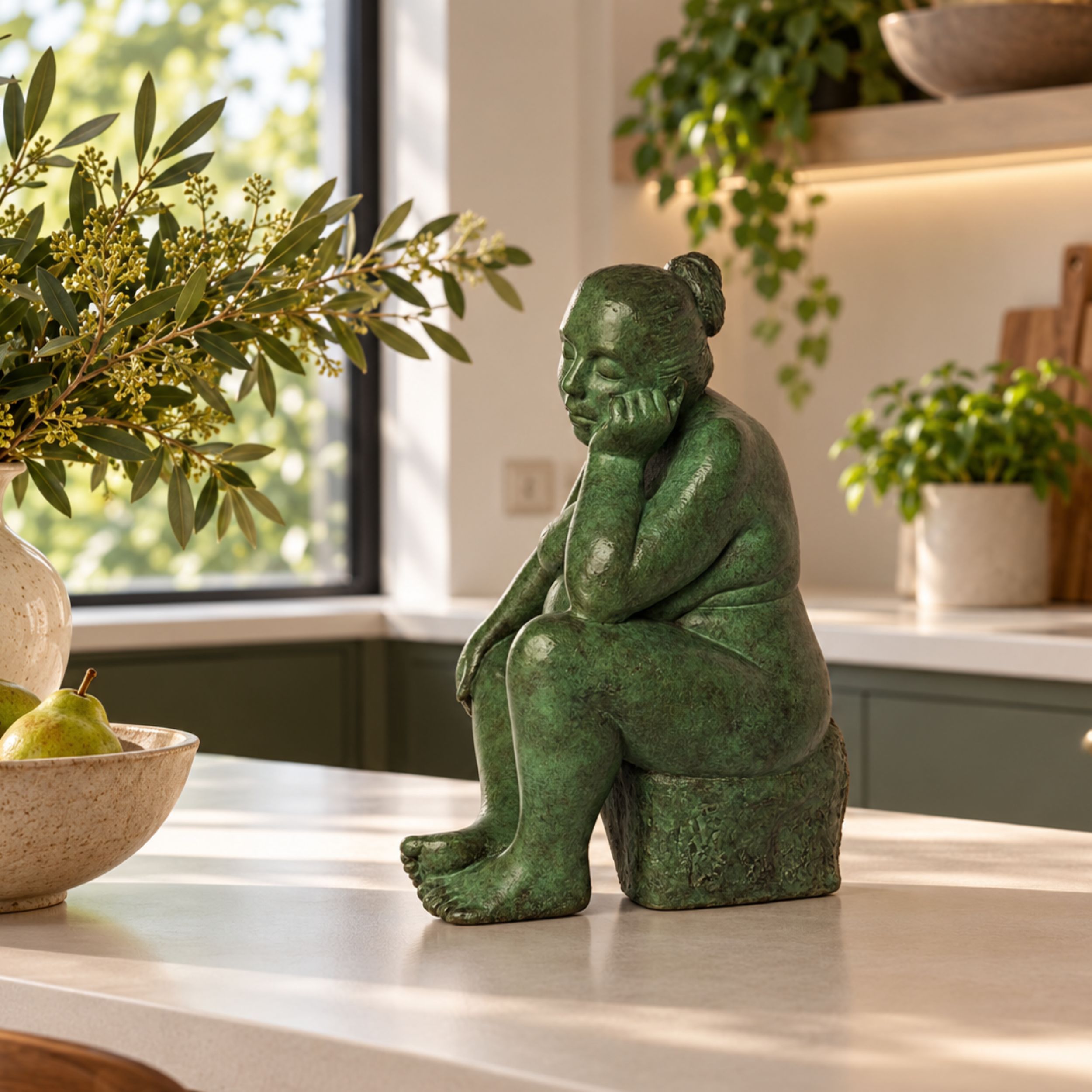 Marie Smith Sculpture - Soraya - bronze figure sculpture - lifestyle image - at ease and good comapny in a comfortable kichen