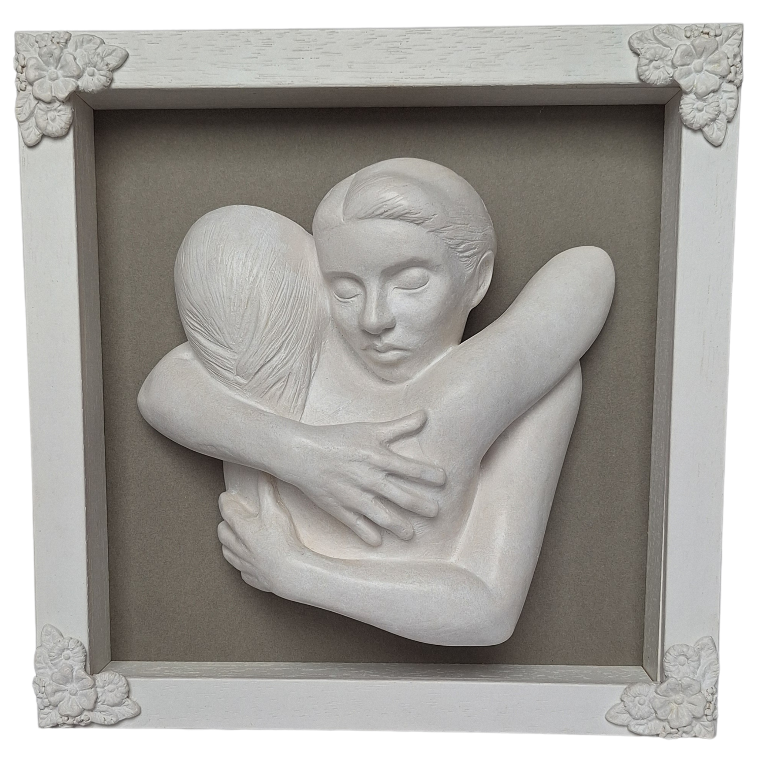 Marie Smith Sculpture - The Hug - wall art- white frame - grey mount