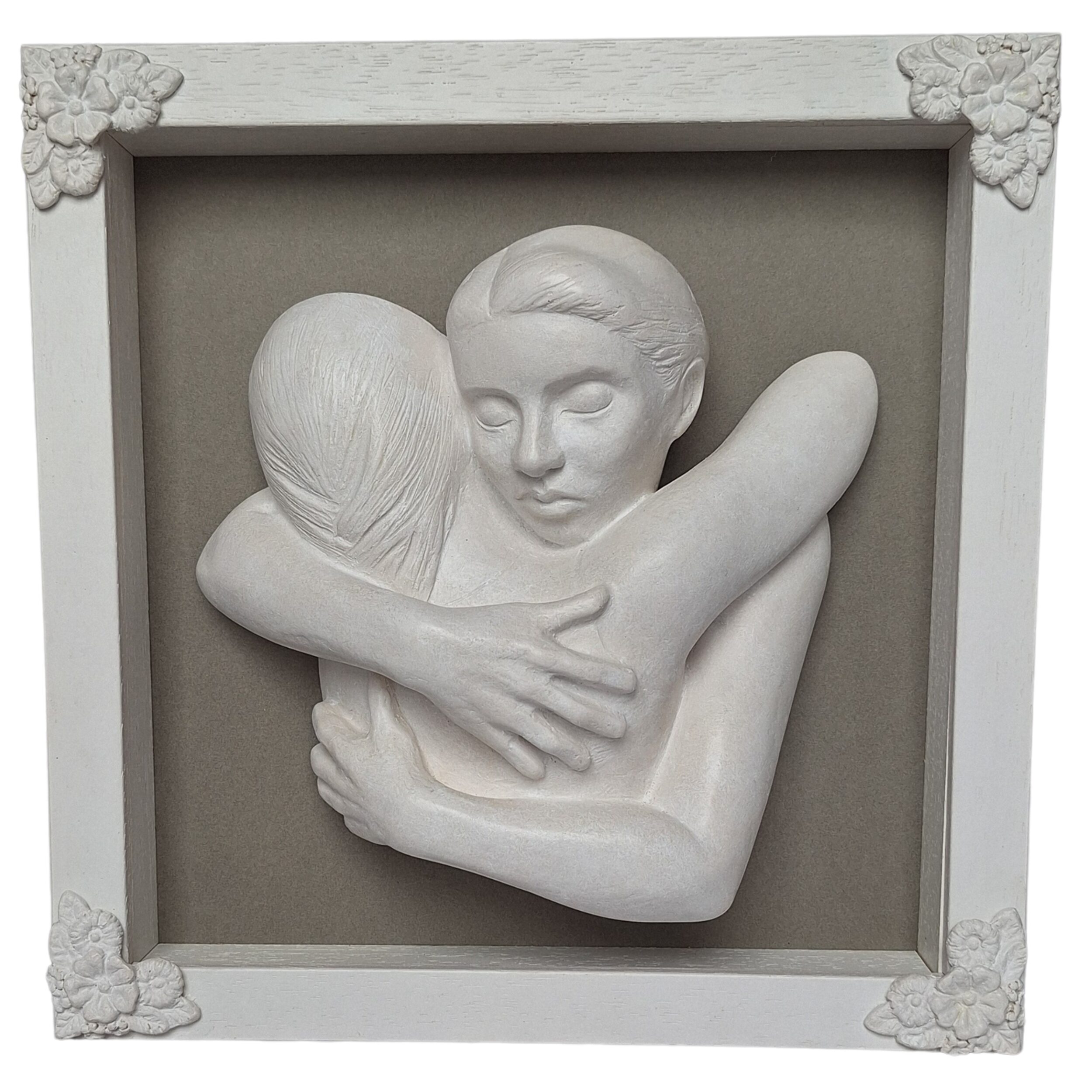 Marie Smith Sculpture - The Hug - wall art- white frame - grey mount